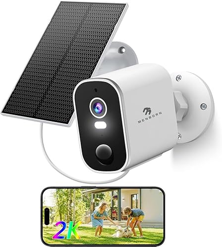 Menborn Überwachungskamera Aussen Akku Solar 2K, 2,4GHz WLAN Kabellose Überwachungskamera außen mit Farbige Nachtsicht, 2-Wege Audio, Spotlights, Kompatibel mit Alexa, IP65