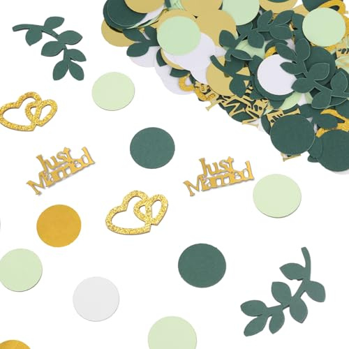 Luxoraiova Just Married Deko Bröllop Bordsdekoration Hjärtdekoration Konfetti Stort, 100 Stk Glitter Strödeko Bröllop Grön Guld, Vintage Bröllopsdeko Set Bordsdekoration Present för Bröllop Vigsel