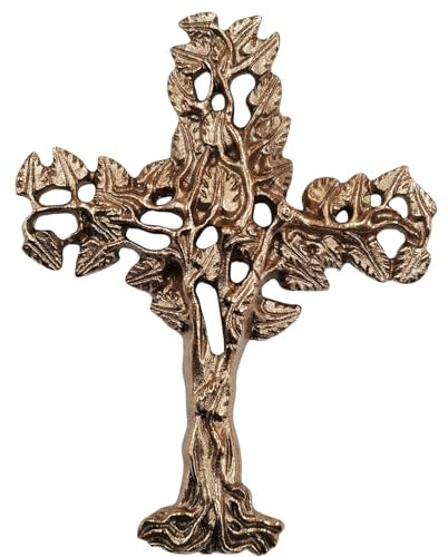 Herzmensch Kleines Lebensbaum Wandkreuz aus massiver Bronze 10,5 x 13,5 cm als Geschenk zur Hochzeit oder als Grabkreuz Hauskreuz goldfarben