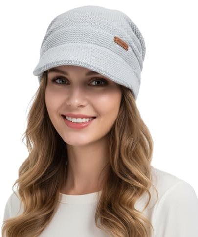 Aurafly Cappello Invernale da Donna con Visiera Cappello a Maglia Slouchy Cappello Slouchy Invernale Lavorato Cappello Invernale da Esterno per Donna (IT, Testo, Taglia Unica, Grigio Chiaro)