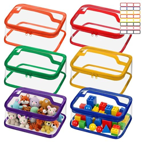 Kiswleon 6pcs Colourful Toy Storage Bags with Handle and Zips,Pvc Clear Storage Bags,9.1 * 6.7 * 3.9inch Waterproof Toy Storage Organiser,Clear Tote Bag for Building Blocks,Kids Small Plush Toys
