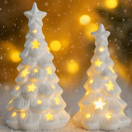 Kaezuy Weihnachtsdeko 2 Stück Keramik Tannenbaum Weihnachtsbaum mit LED Beleuchtung, Weihnachtsdeko innne Keramik Weihnachtsbaum WarmWeiß Licht für Weihnachten Innen Winter Tischdeko Geschenk