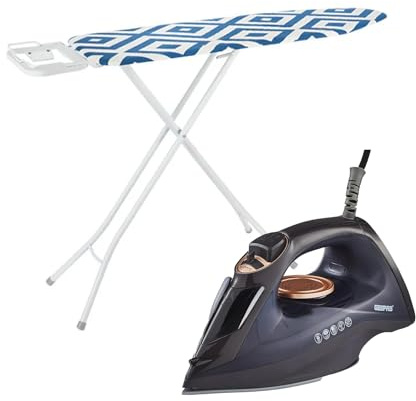 GEEPAS Steam Iron & ROYALFORD Ironing Board Set | 2400W Ceramic Soleplate Adjustable Steam Control 220ml Water Tank | 114x33cm Foldable Board with Cotton Cover Height Adjustment Iron Rest