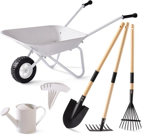 ROBUD Kids Gardening Tools Outdoor Toys Set Backyard Play with Kids Wheelbarrow-9pcs Metal Toddler Wheelbarrow, Garden Tools, Watering Can, Plant Labels for Ages 3+ (Grayish White)