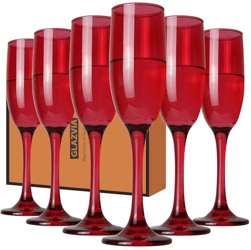 GLAZVIA Champagne Flutes Glasses Set of 6-6oz Elegant Red Glass, Unique Red Colored Long Stem Champagne Flute Gift for Wedding, Anniversaries, Parties, Birthday, Restaurant, Home Bar