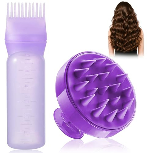 ACHLIGL 2 Stück Haaröl Applikator, Scalp Applikator Flasche und Kopfmassage Bürste, Hair Oil Applicator Bottle mit Abgestufter Skala, Kopfhaut öL Applikator für Hair Oiling Haar Colorationen (Lila)