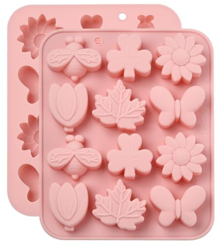 UR URLIFEHALL Lot de 2 moules en silicone à 12 cavités en forme d'abeille, papillon, feuille, fleur, fondant pour gâteaux, savons, muffins, brownies, chocolats, loisirs créatifs