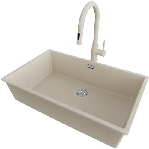 PRIMAGRAN Lavandino sottotop al Mobile 80cm + Rubinetto, 76x47cm | Set: Rubinetto BW9010 + Kit di scarico + Lavello in Granito a 1 Vasca - London, Beige