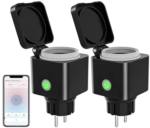 ANTELA WLAN Steckdose Außen IP54, Außensteckdose mit Strommessung | Smart Steckdose Outdoor Kompatibel mit Alexa, Google Home, Smart Life APP, 2.4GHz, 2 Stück