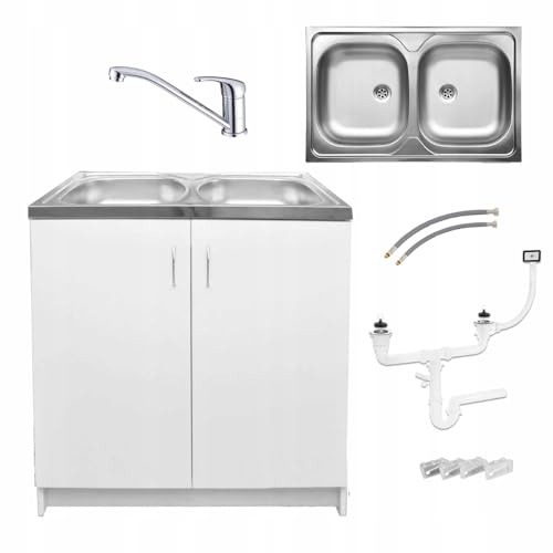 Stamar Möbel Spüle mit Unterschrank 80 cm Weiß Küchenspüle 2-Kammer & Edelstahl-Spülbecken kompakter Spülenunterschrank für Küche, Standschrank 49 cm Tiefe Siphon Montagefertig