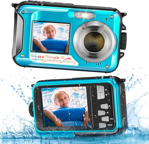 Reomdara Cámara Digital Impermeable, Cámara Submarina HD 2.7K 48MP con Doble Pantalla para Buceo 3M para Nadar, Zoom Digital 16X Anti-Vibración, Azul