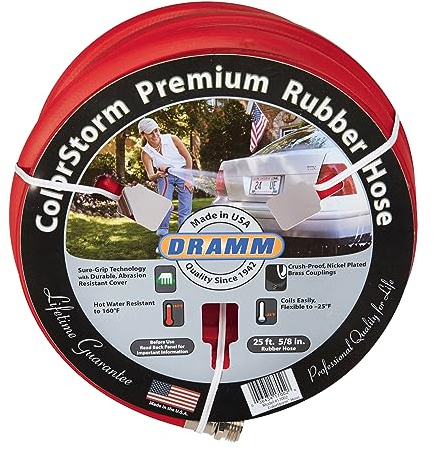 Dramm ColorStorm Premium Rubber Garden Hose – 50 ft Heavy Duty 5/8 Water Hose – Kink Resistant, Crush-Proof Nickel-Plated Couplings – Made in USA - Red