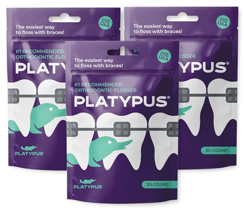 Platypus Orthodontic Flossers for Braces, 30 Count (Pack of 3), Ortho Picks for Adults & Kids, Fits Under Arch Wire, Non-Damaging, Encourage Flossing Habits