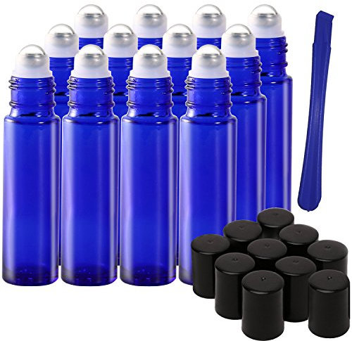 12Pcs, 10ml Blue Glass Roller on Bottles with Stainless Steel Roller Ball - Refillable Essential Oil Roller Bottles with Lid Opener Pry Tool & 1 Transfer Pipette, Great for Aromatherapy, Perfumes and