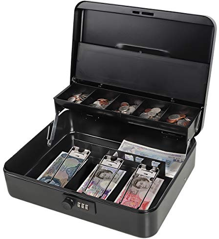 Parrency Locking Large Metal Cash Box with Money Tray, Money Box with Combination Lock, 11.8L x 9.5W x 3.5H Inches, Black