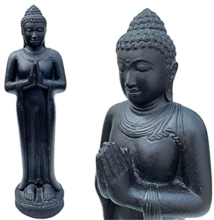 FaHome Buddha Garten Figur Stehend Stein Lavasand Figuren Skulptur 120cm Wetterfest Schwarz