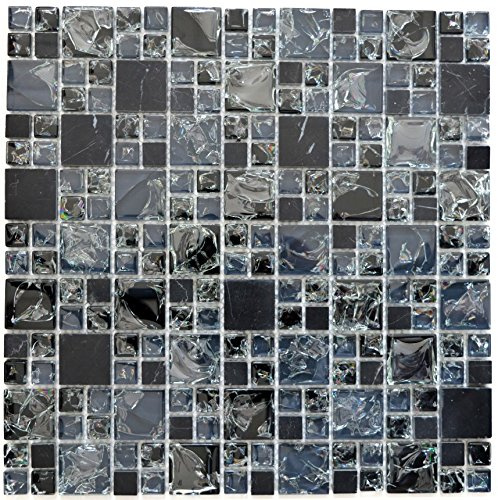 Mosaik Fliese schwarz Kombination Glasmosaik Crystal Stein für WAND BAD DUSCHE KÜCHE FLIESENSPIEGEL THEKENVERKLEIDUNG BADEWANNENVERKLEIDUNG Mosaikmatte Mosaikplatte | 10 Mosaikmatten
