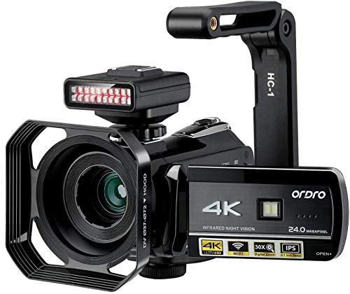 ORDRO Videokamera 4k Camcorder UHD Nachtsicht Vlog Ghost Hunting Kamera Camcorder für YouTube Camcorder mit IR Light Handheld Halter Gegenlichtblende 32G SD-Karte und 2 Batterien