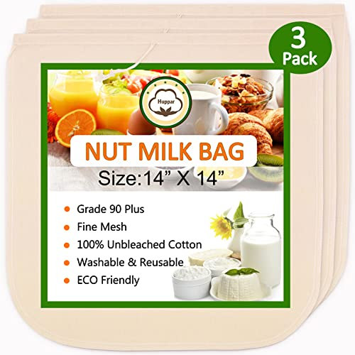 3 Pack Nut Milk Bag 14x14, Cheesecloth bags for Straining Reusable, 100% Unbleached Cotton Cloth, Almond/Oat/Soy Milk Strainer, Filter Bag for Cheese/Yogurt/Juice/Cold Brew Coffee Wine/Soup/Herbs