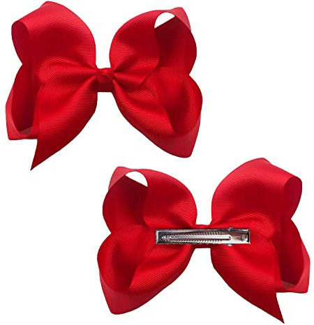 2Pcs Ribbon Hair Bow Clips Barrettes, 3 inch Ponytail Holder with Duckbill Clip for Children Kids Girls Women (Red)