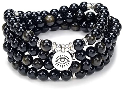 108 Mala Prayer Meditation Beads Armband Halsband med det onda ögat av skydd Charm Lycka till Yoga smycken (Guld Obsidian (Gold Obsidian))