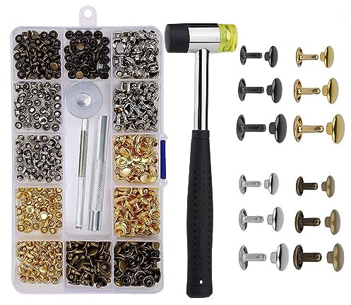 Guidre Leder Nieten Set,300 Set Metallniete Doppelkappe mit Nietenzange Lochzange Hohlnieten 8mm 6mm Nieten für Leder Nieten für Kleidung,3 Werkzeug,für DIY Handwerk Reperatur Dekoration (360)