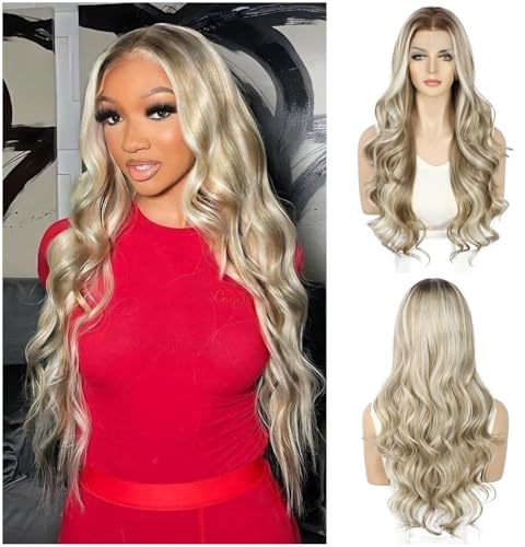 Sapphirewigs 13x4 Lace Front Perücke Synthetische Hell Blond Highlight Perücken 26 inch