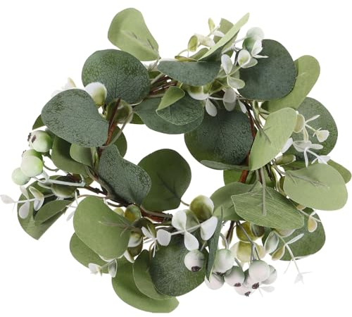 Yardwe Eucalyptus Candle Ring Wreath Artificial Green Leaves with Berries Pillar Holders Decor for Spring Wedding Centrepiece