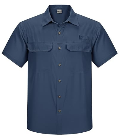 Outdoor Ventures Men's Quick Dry Casual Shirts UPF 50 Button Down Hiking Shirts Lightweight Short Sleeve Cooling Shirt for Safari Fishing Golf Travel Navy Blue L