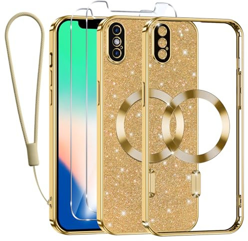 Kokio Handykette für iPhone X/XS Hülle mit Band, [Kompatibel mit MagSafe] Glitzer Magnetisch Handyhülle für iPhone X mit 2 Stück Schutzfolie Stoßfeste Silikon Schutzhülle, Gold