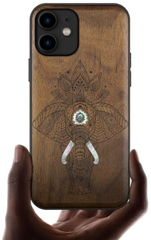 Carveit Coque Compatible avec iPhone 11 Étui en Bois Cover [Gravure en Bois et Incrustation de Coquille] Case pour 11 Coque Premium (Noyer-Éléphant)