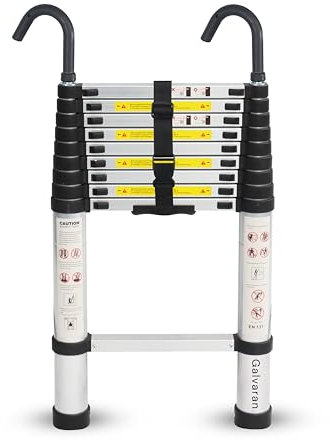 Galvaran Telescopic Ladder 2.6M / 8.5FT Multi-Purpose Aluminium Loft Ladder Extendable, Collapsible and Portable, Max Load 150kg/330lb, Adjustable Step, EN131 (2.6 m)