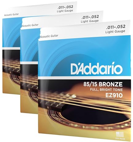 D'Addario Cordes Guitare Acoustique | Corde Guitare Folk | EZ910 | Cordes en bronze pour guitare acoustique | Bronze 85/15 | Léger 11-52 (Lot de 3)