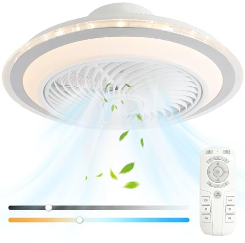 oxylops Ventilador de techo iluminable, ventilador de techo de 5 aspas, LED 40W, motor 12wDC, luz amarilla cálida/neutra/blanca, 6 velocidades, adecuado para dormitorio, salón, estudio y cocina.
