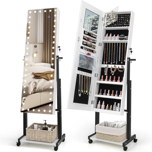 COSTWAY Freestanding Jewellery Cabinet, Height & Angle-Adjustable Lockable Jewelry Armoire with 3-Color LED Full-Length Mirror, Large Storage and Wheels, Mobile Jewellery Organiser Unit (White)