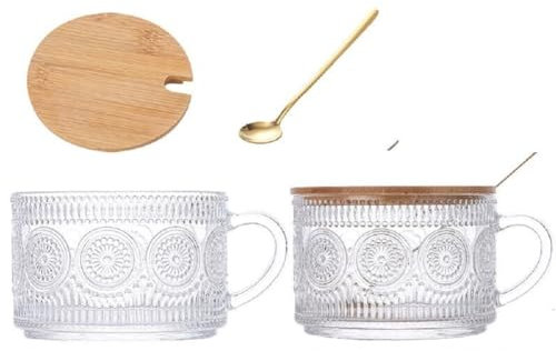 MAGICVOGEL 2er Kaffeegläser Set Vintage geprägte Gläser mit Deckel und Löffel 400ml Latte Macchiato Müsli Glasbecher Frühstückstasse für Joghurt,Tee,Saft, Milch (Sonnenblumen)