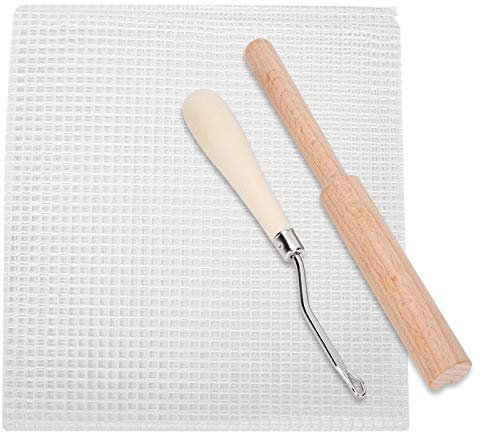 Tyenaza Tela De Malla, Lienzo De Malla con Gancho para Alfombra En Blanco, Alfombra Hecha A Mano DIY, Material De Tela De Rejilla Tejida, Ganchillo con Mango De Madera De 50x50cm