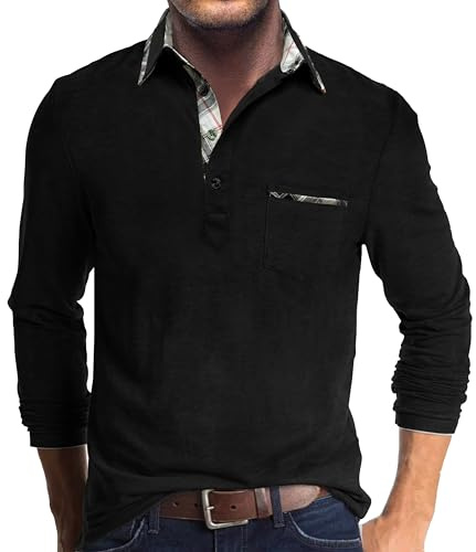 Comilaka Polotröja, herr, långärmad, kontrastfärg, lätt långärmad skjorta med ficka, piké, klassisk höst, vinter, svart, 3XL