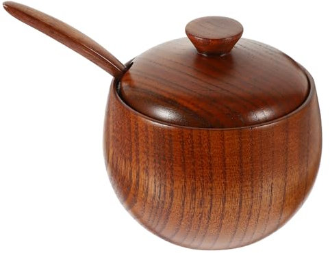 Garneck Wooden Spice Shaker Spoon Bowl Lid Compact Condiment Can for Kitchen Use Seasoning Jar and Spoon for Salt Storage