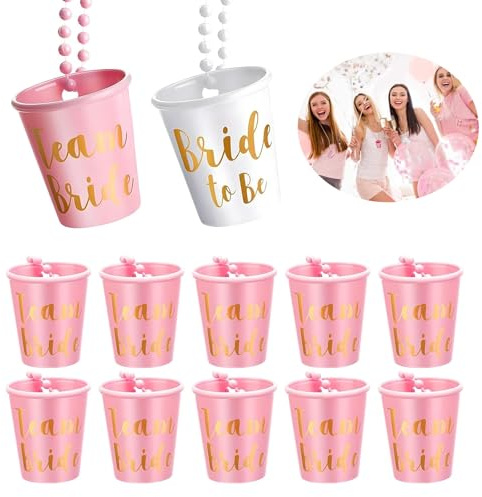 Hen Party Shot Glass, 12 PCS Plastic Beaded Bridal Shot Glasses, Pink and White Team Bride Shot Glasses Plastic Cup Glass Necklace Bride to Be Shot Cups for Wedding Bridal Shower Bachelorette Hen Part