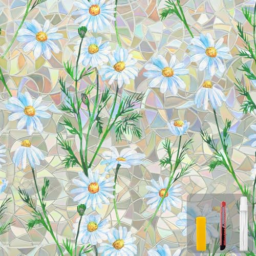 Countewol Window Privacy Film Stain Glass Window Film Rainbow Window Film Window clings Non-Adhesive Reusable Decorative for Room (Daisy Rainbow, 35.4 x 78.7 in)