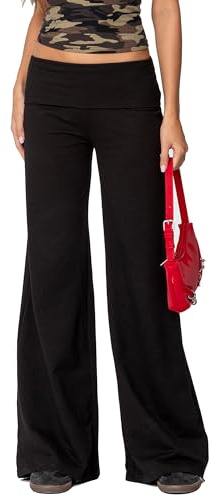 YILEEGOO Women Fold Over Waistband Stretchy Wide Leg Trousers Flared Yoga Pants Low Rise Sweatpants Loose Lounge Leggings Bell Bottoms (Black, S)