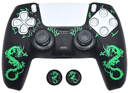 Set aus rutschfestem, strapazierfähigem Silikon mit grünem Drachen-Design für PS5-Controller, mit 2 personalisierten Daumengriffen, passend zur Fernbedienung