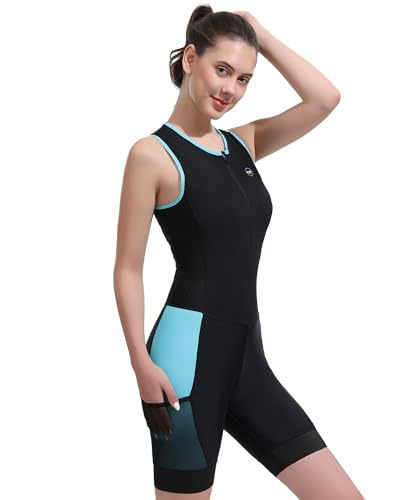 Eco-daily Women's Sleeveless Tri Suit 3D Padded One Piece for Triathlon | Quick-dry fabric, front zip, removable chest pads, multi-pockets, silicone leg grippers, for triathlon suit swim/bike/run