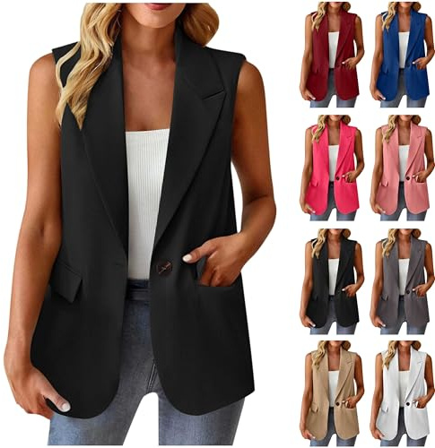 Blazer Damen Sportlich Elegant Ärmellos Weste Einfarbig Anzug Jacke Open Front Longblazer Büro Anzugjacke Knöpfen Leichte Anzugweste Revers Sweatblazer Sakko Freizeit Business Jackett mit Taschen