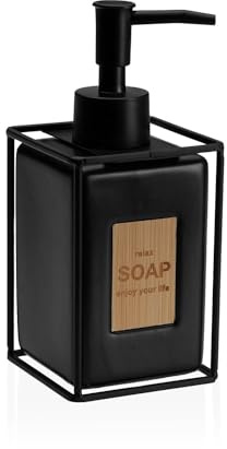 Dispenser Sapone Cucina Quadrato in Ceramica con Supporto in Metallo Nero – Dosatore Moderno per Bagno o Cucina – Design con Inserto in Bambù (Nero)
