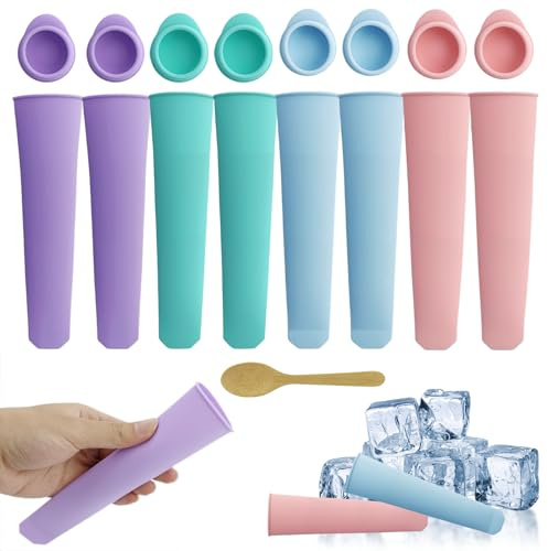 Eisformen Silikon 8 Stück Eisformen eis am stiel Silikonform Eisüten Eisformen Wassereis mit Deckel mit kleinen Holzlöffeln, Wassereis Formen Tüten Wiederverwendbar Popsicle Eisform für Wassereis
