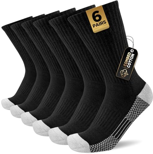 Cirorld Mens Sports Socks, Work Boot Socks for Men & Women, Comfy Cotton Crew Athletic Sock Outdoor Walking Hiking Running Cycling Multipack 6 Pairs, Black 13-15