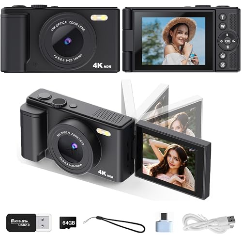 Digital Camera 1080P FHD 64MP with 2.8 180° Flip Screen,18X Digital Zoom, Compact Portable Vlogging Camera with 64gb SD Card and Type-C OTG Adapter for Kids Teen Students Beginner (Black)