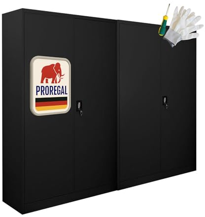 PROREGAL Mega Deal 2X Flügeltürenschrank Elephant Metall Aktenschrank abschließbar 2 Türen 180x120x40cm Stahl 4 Ebenen Stahlschrank Pulverbeschichtung Schwarz Werkstattschrank Mehrzweckschrank
